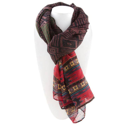 All Styles,Scarves,Scarf - Robert Matthew Naomi Multi-Colored Tribal Print Scarf - Purple & Red